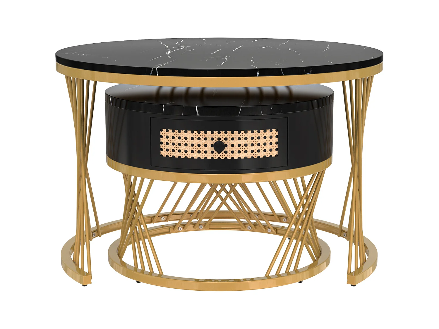 Set di 2 tavolini rotondi impilabili, tavolino laterale con piano in marmo e cassetti in rattan, gambe in ferro dorato - 70x70x45,5+50x50x38,5cm Nero