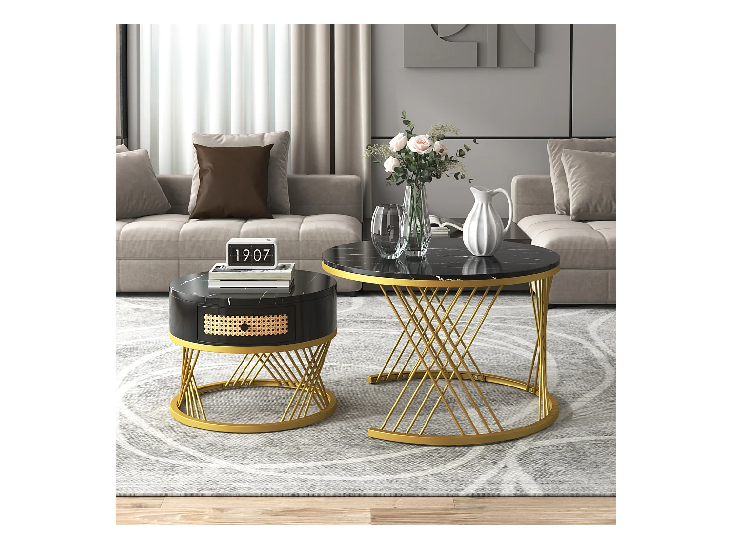 Set di 2 tavolini rotondi impilabili, tavolino laterale con piano in marmo e cassetti in rattan, gambe in ferro dorato - 70x70x45,5+50x50x38,5cm Nero