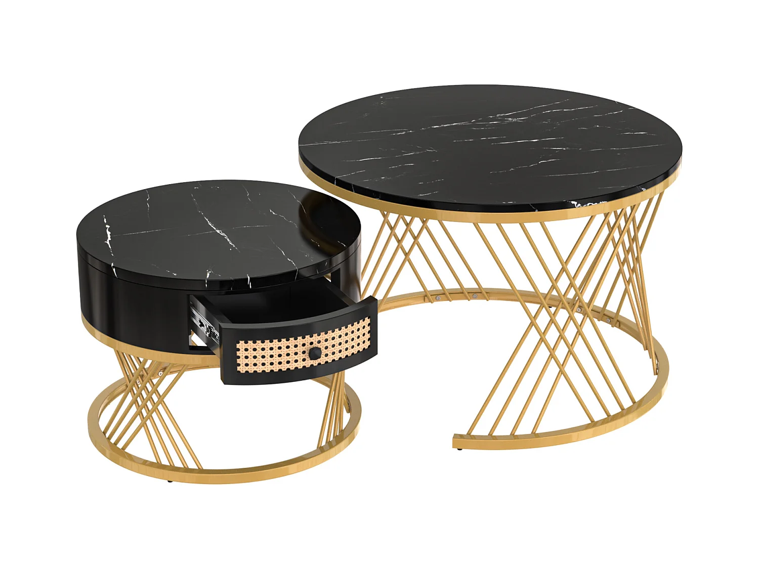 Set di 2 tavolini rotondi impilabili, tavolino laterale con piano in marmo e cassetti in rattan, gambe in ferro dorato - 70x70x45,5+50x50x38,5cm Nero