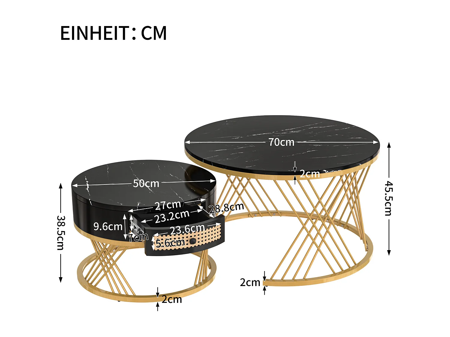 Set van 2 ronde in elkaar passende salontafels, bijzettafel met marmeren blad en rotan lades, gouden ijzeren poten - 70x70x45,5+50x50x38,5cm Zwart