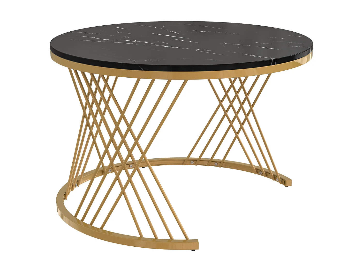 Set van 2 ronde in elkaar passende salontafels, bijzettafel met marmeren blad en rotan lades, gouden ijzeren poten - 70x70x45,5+50x50x38,5cm Zwart