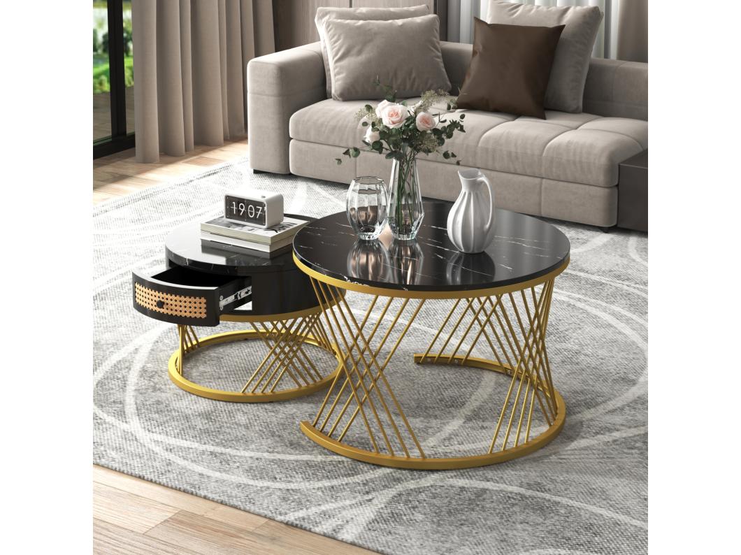 Set van 2 ronde in elkaar passende salontafels, bijzettafel met marmeren blad en rotan lades, gouden ijzeren poten - 70x70x45,5+50x50x38,5cm Zwart