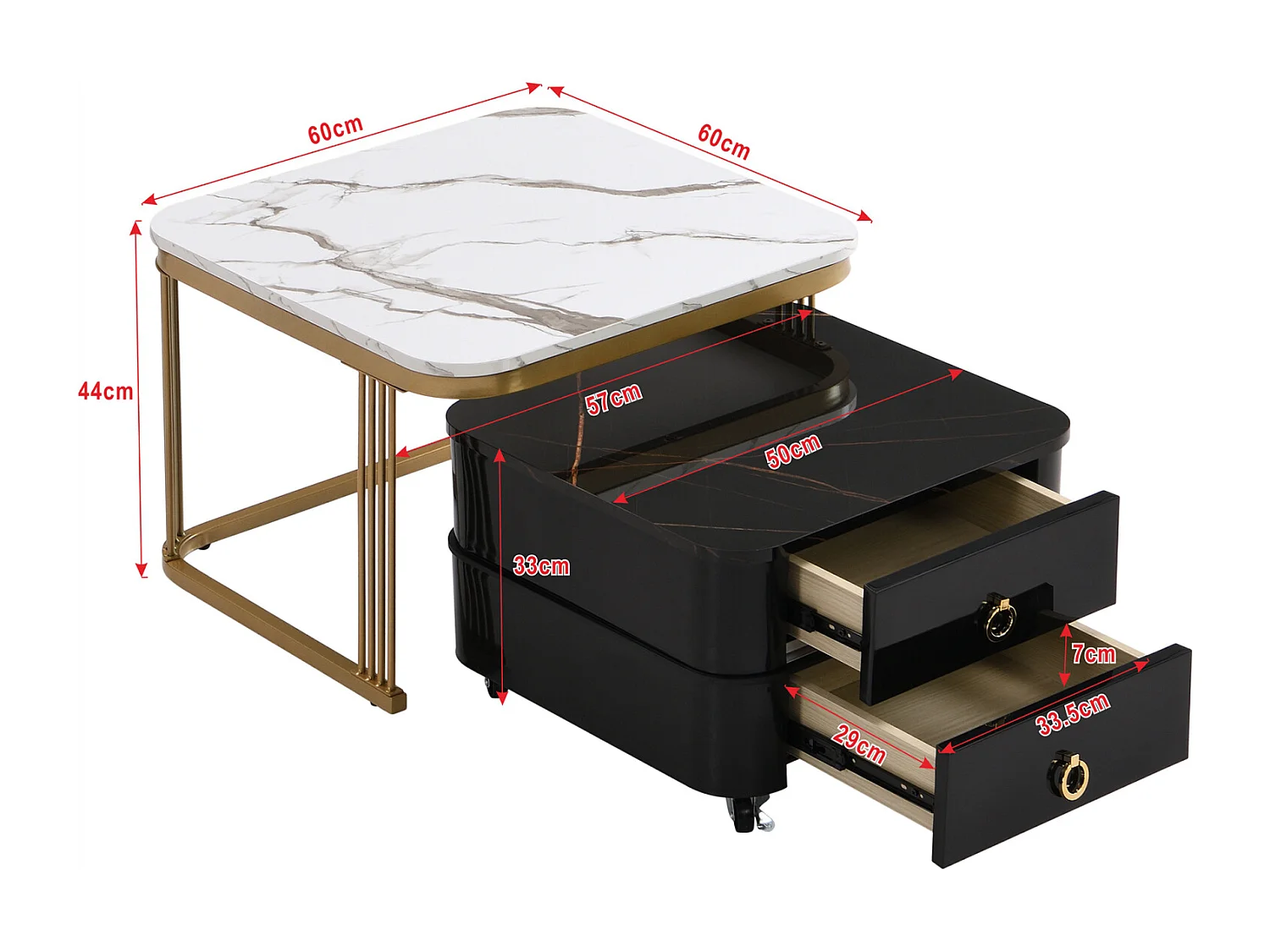 Lot de 2 table basse gigogne, aspect marbre brillant, accents dorés, avec 2 tiroirs, 60x60x45cm+50x50x34cm, blanc/noir