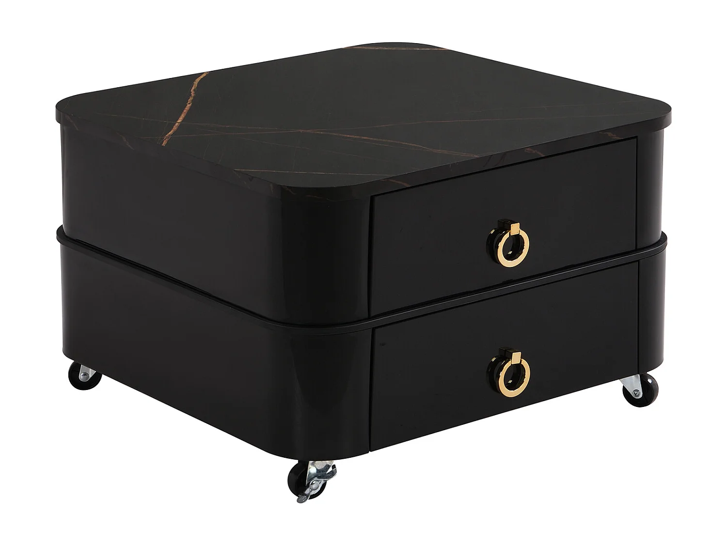 Lot de 2 table basse gigogne, aspect marbre brillant, accents dorés, avec 2 tiroirs, 60x60x45cm+50x50x34cm, blanc/noir