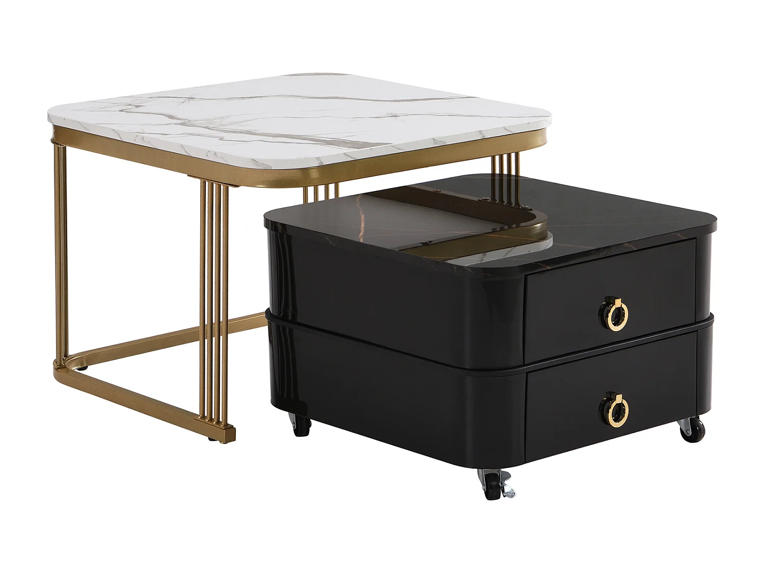 Lot de 2 table basse gigogne, aspect marbre brillant, accents dorés, avec 2 tiroirs, 60x60x45cm+50x50x34cm, blanc/noir