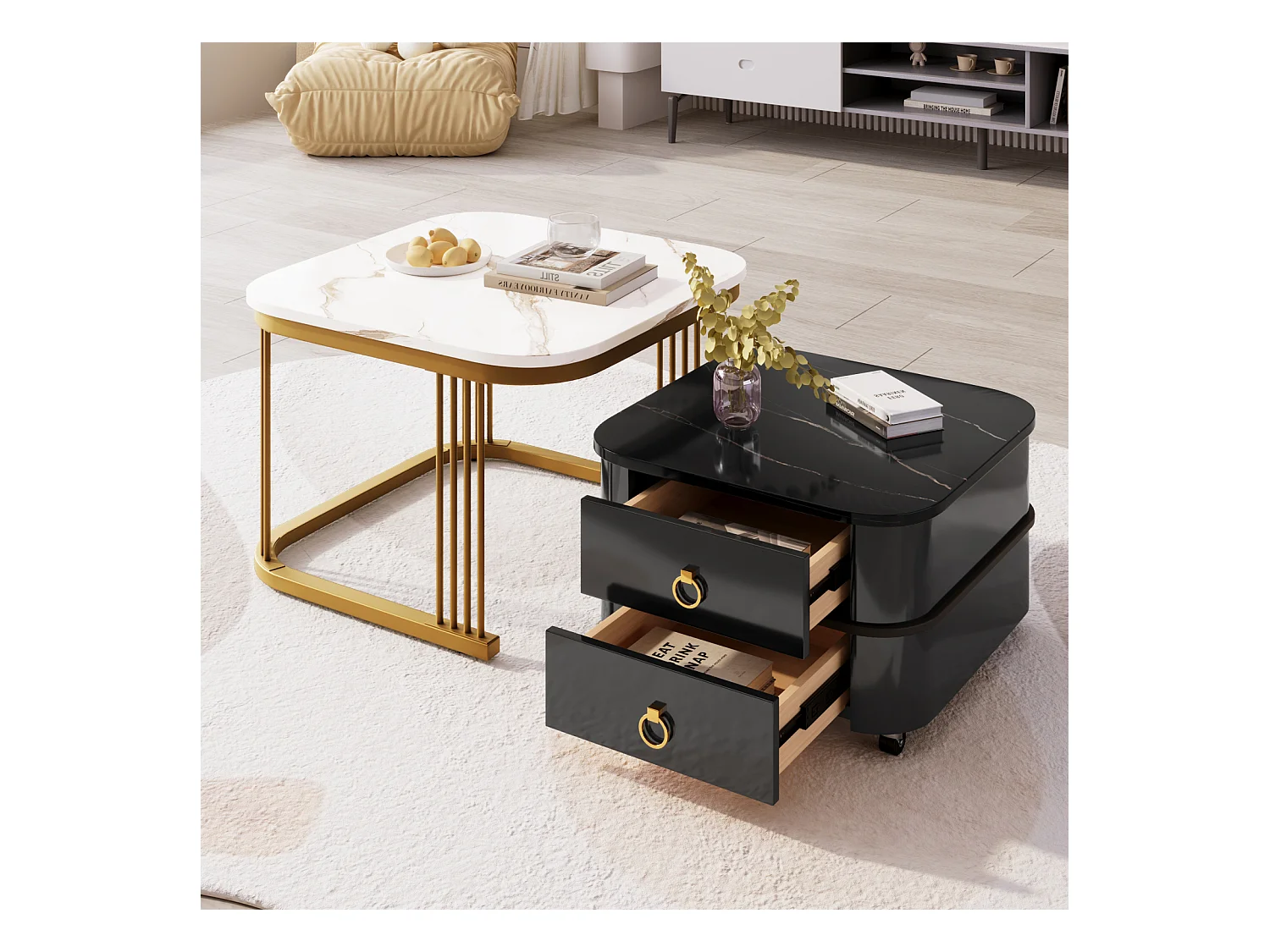 Lot de 2 table basse gigogne, aspect marbre brillant, accents dorés, avec 2 tiroirs, 60x60x45cm+50x50x34cm, blanc/noir