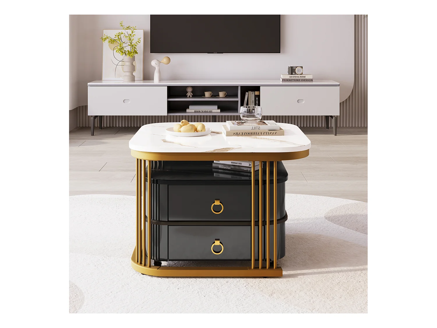 Lot de 2 table basse gigogne, aspect marbre brillant, accents dorés, avec 2 tiroirs, 60x60x45cm+50x50x34cm, blanc/noir