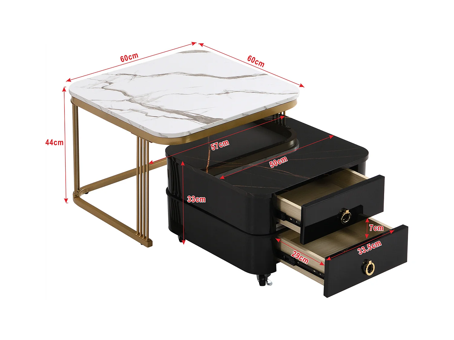 Lot de 2 table basse gigogne, aspect marbre brillant, accents dorés, avec 2 tiroirs, 60x60x45cm+50x50x34cm, blanc/noir