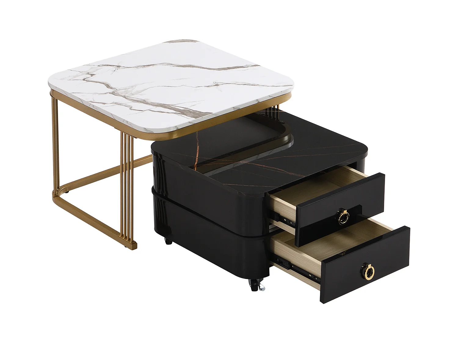 Lot de 2 table basse gigogne, aspect marbre brillant, accents dorés, avec 2 tiroirs, 60x60x45cm+50x50x34cm, blanc/noir