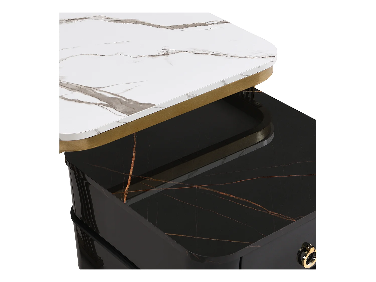 Lot de 2 table basse gigogne, aspect marbre brillant, accents dorés, avec 2 tiroirs, 60x60x45cm+50x50x34cm, blanc/noir