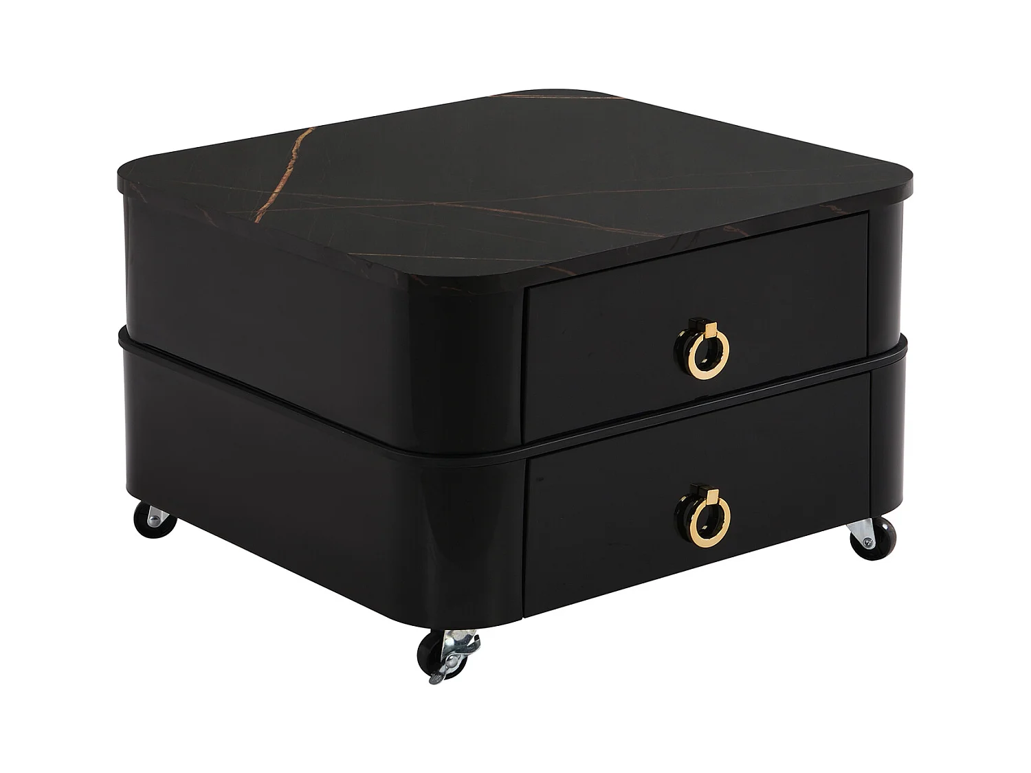 Lot de 2 table basse gigogne, aspect marbre brillant, accents dorés, avec 2 tiroirs, 60x60x45cm+50x50x34cm, blanc/noir