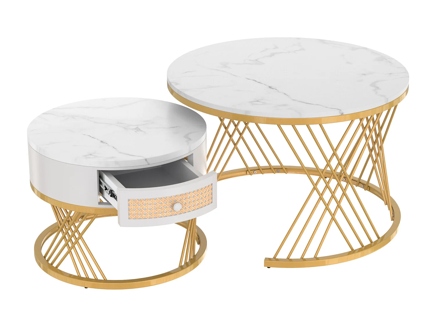 Set di 2 tavolini rotondi impilabili, tavolino laterale con piano in marmo e cassetti in rattan, gambe in ferro dorato - 70x70x45,5+50x50x38,5cm bianco