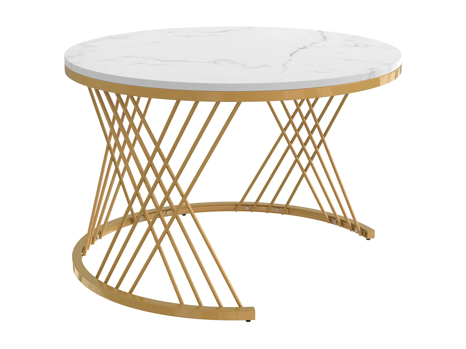 Set di 2 tavolini rotondi impilabili, tavolino laterale con piano in marmo e cassetti in rattan, gambe in ferro dorato - 70x70x45,5+50x50x38,5cm bianco