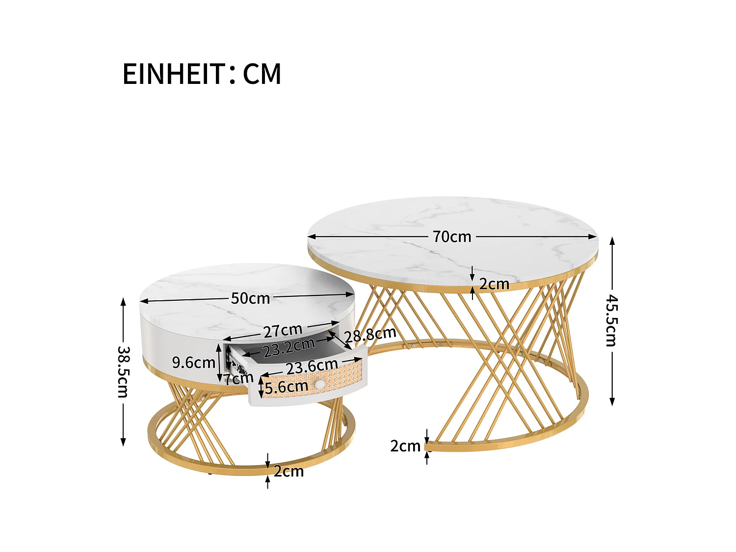 Set van 2 ronde in elkaar passende salontafels, bijzettafel met marmeren blad en rotan lades, gouden ijzeren poten - 70x70x45,5+50x50x38,5cm Wit