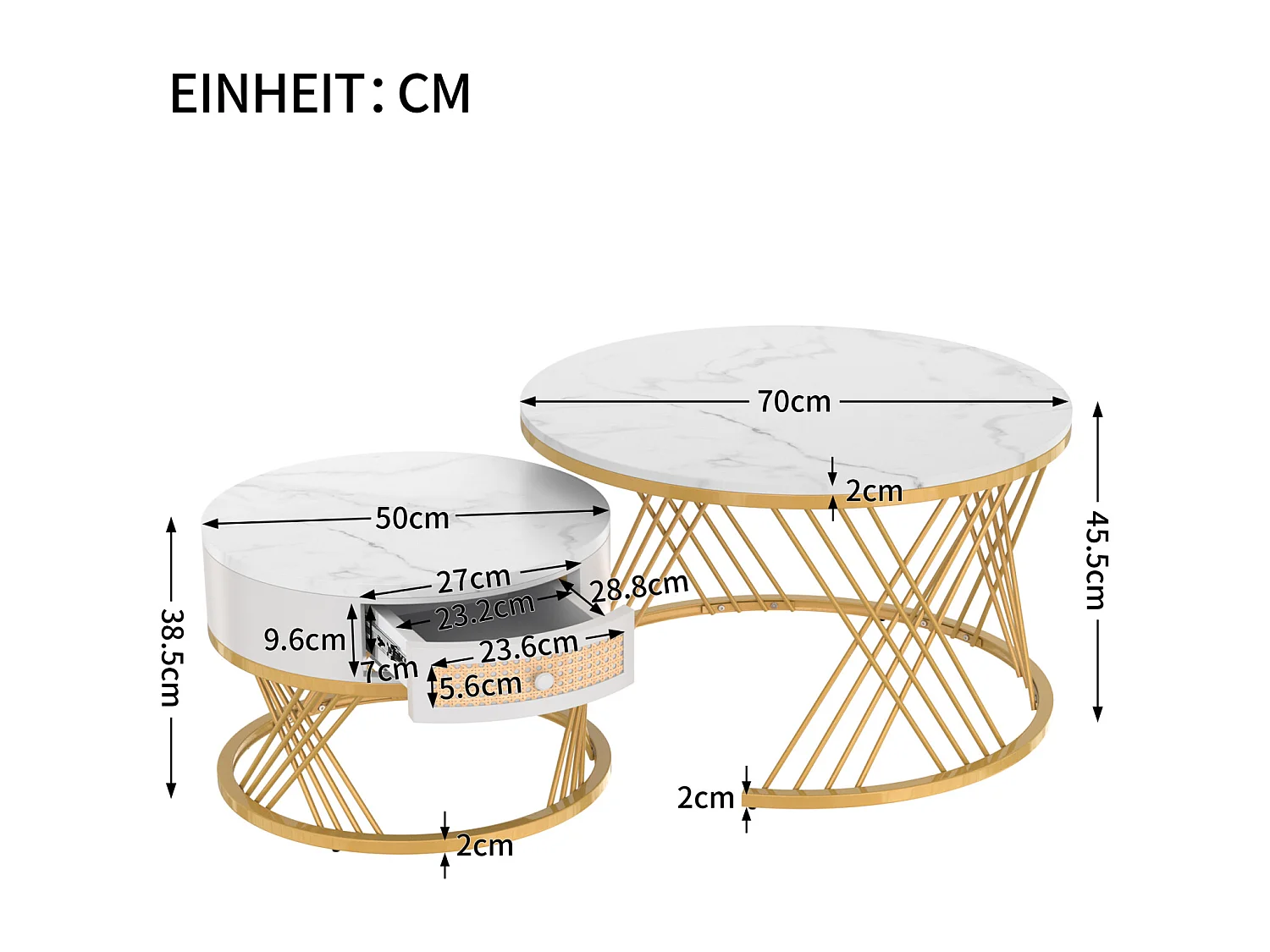 Set van 2 ronde in elkaar passende salontafels, bijzettafel met marmeren blad en rotan lades, gouden ijzeren poten - 70x70x45,5+50x50x38,5cm Wit