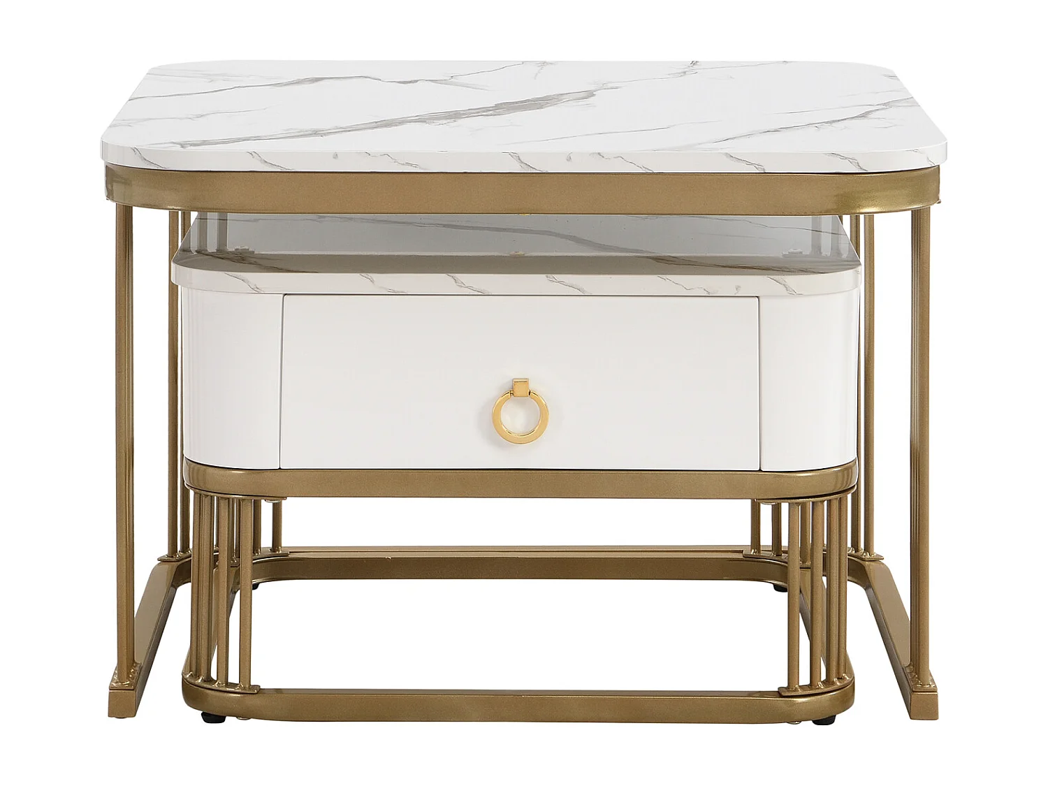 2er-Set ineinander schiebbare Couchtische, quadratisch, 60 cm, mit Platte in Marmoroptik, glänzend, Schubladen, Metallbeine, für Wohnzimmer, Esszimmer – Weiß
