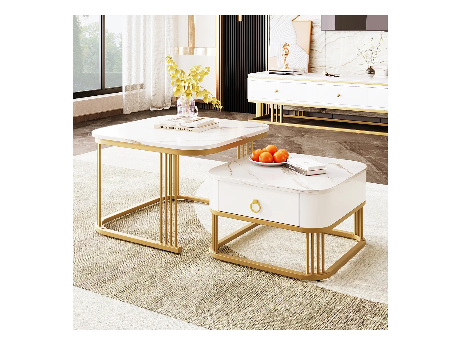 Lot de 2 Table basse gigogne, carrée, 60cm, avec plateau de effet marbre, brillante, tiroirs, pieds en métal, pour Salon, Manger - Blanc