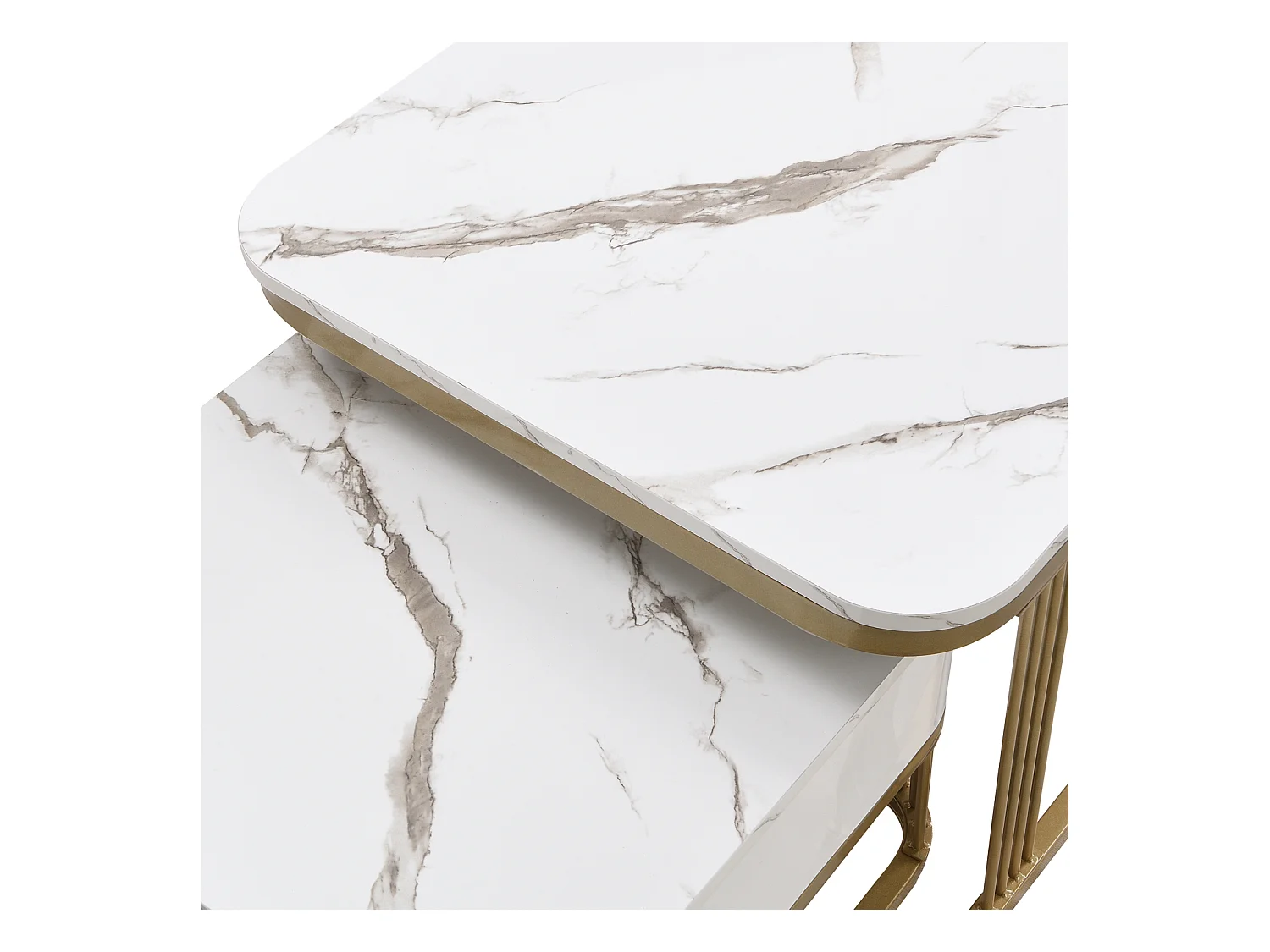 Lot de 2 Table basse gigogne, carrée, 60cm, avec plateau de effet marbre, brillante, tiroirs, pieds en métal, pour Salon, Manger - Blanc