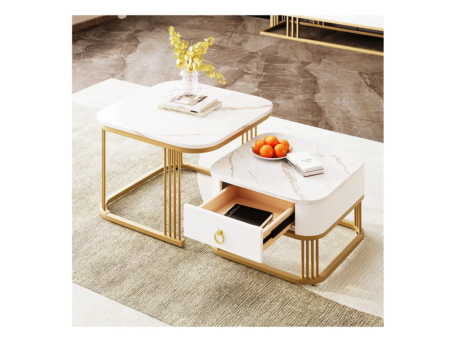 Lot de 2 Table basse gigogne, carrée, 60cm, avec plateau de effet marbre, brillante, tiroirs, pieds en métal, pour Salon, Manger - Blanc