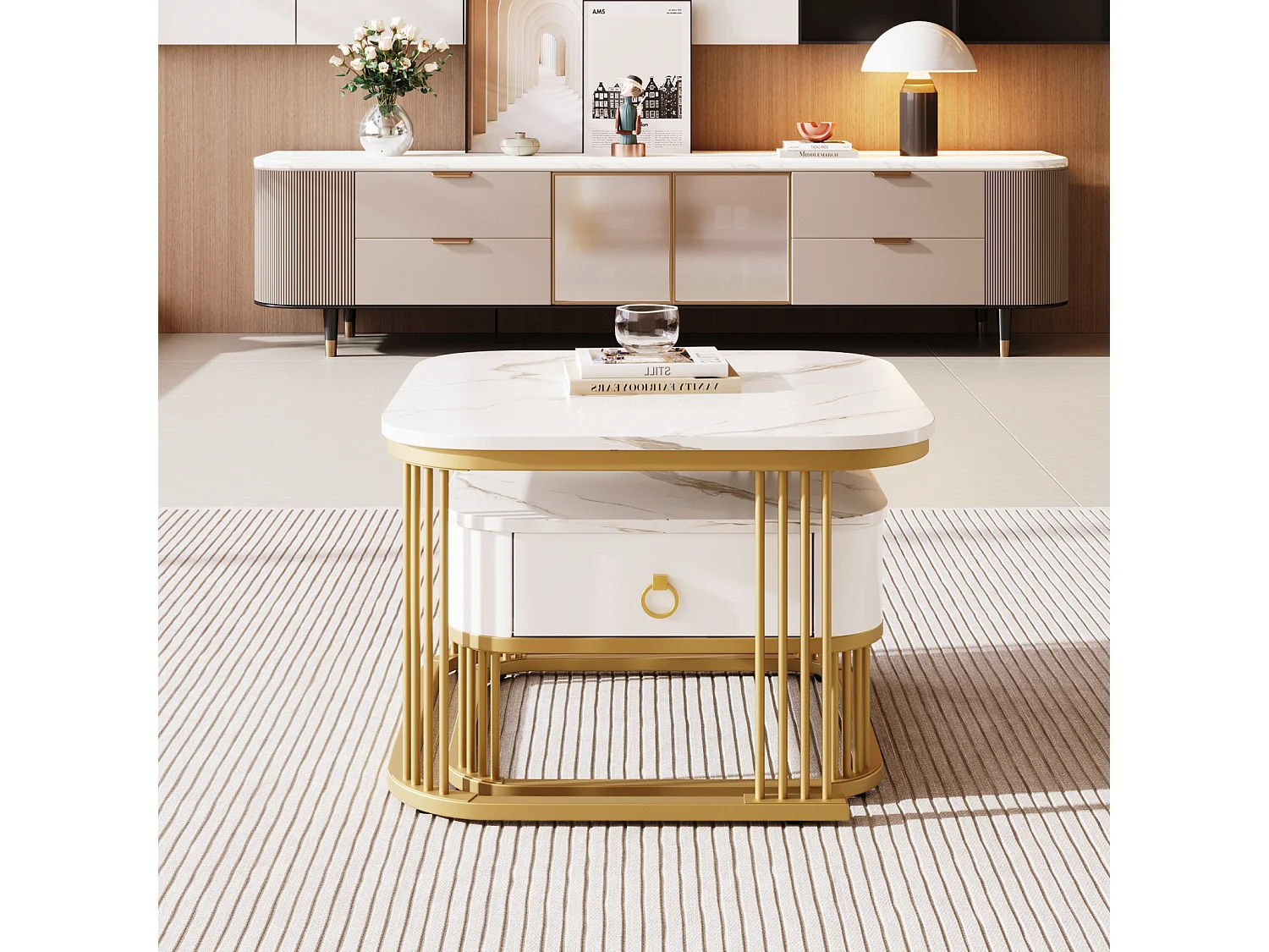 Set van 2 in elkaar passende salontafels, vierkant, 60 cm, met marmerlook blad, glanzend, laden, metalen poten, voor woonkamer, eetkamer - wit