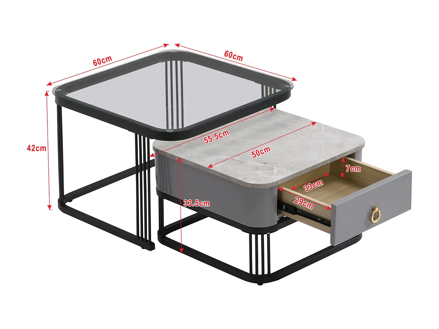 Set di 2 tavolini da caffè impilabili, effetto marmo e piano in vetro, dettagli dorati, con 1 cassetto, 60x60x45cm+50x50x34cm, nero