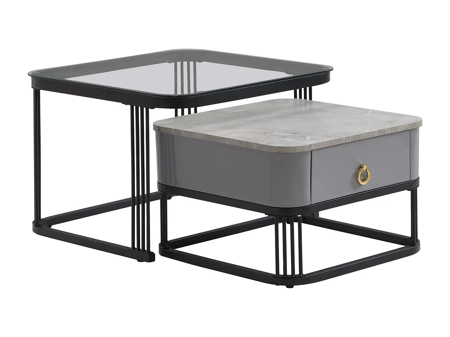 Set van 2 in elkaar passende salontafels, marmerlook en glazen blad, gouden accenten, met 1 lade, 60x60x45cm+50x50x34cm, zwart