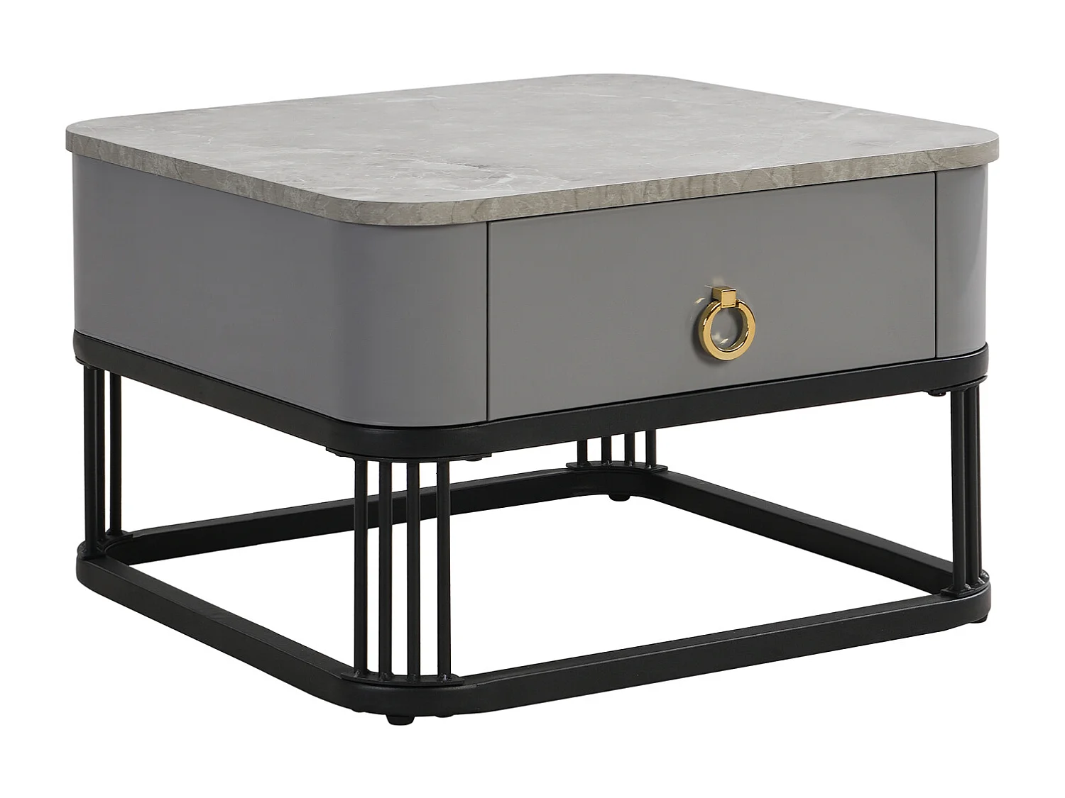 Set van 2 in elkaar passende salontafels, marmerlook en glazen blad, gouden accenten, met 1 lade, 60x60x45cm+50x50x34cm, zwart