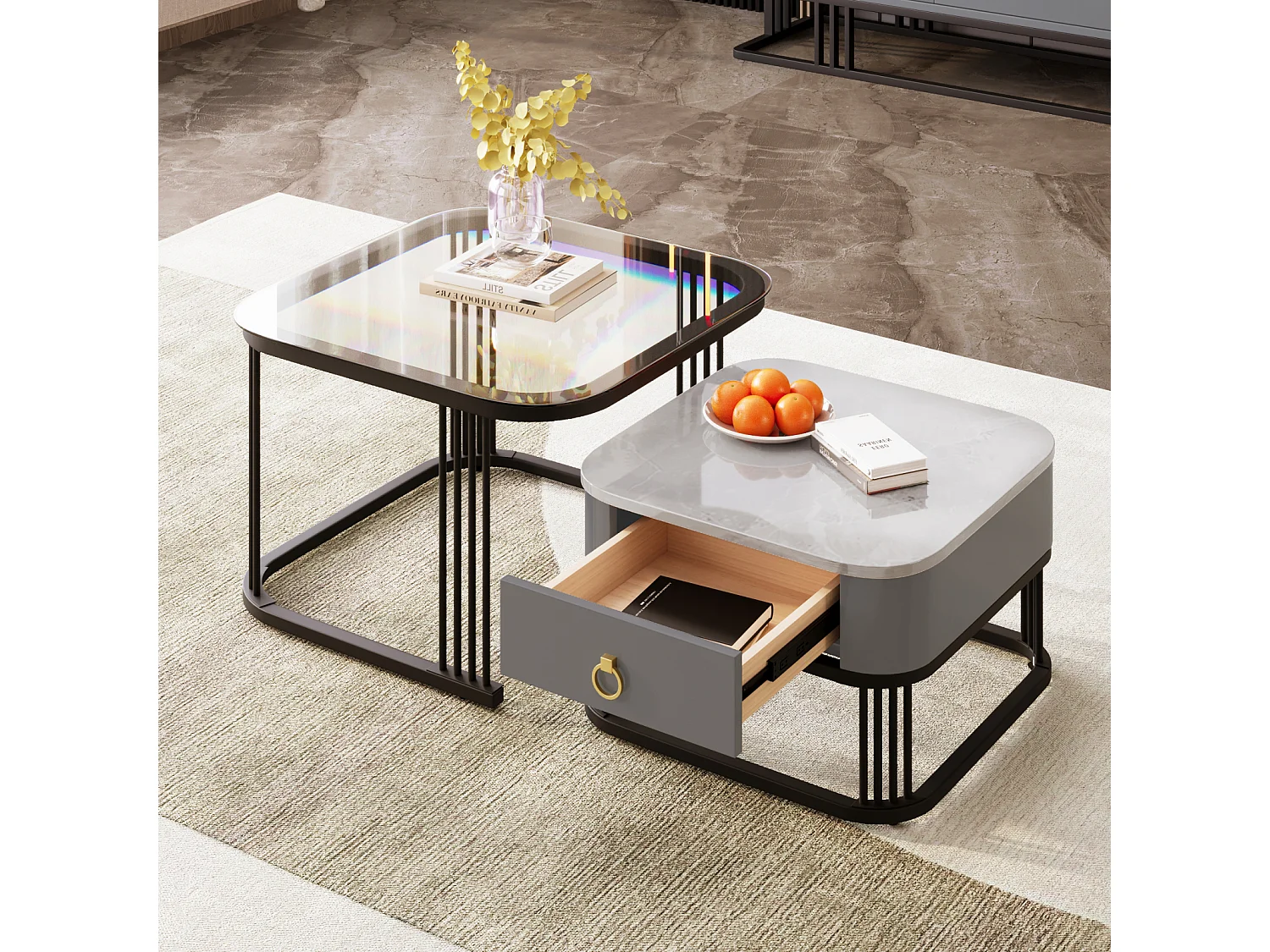 Set di 2 tavolini da caffè impilabili, effetto marmo e piano in vetro, dettagli dorati, con 1 cassetto, 60x60x45cm+50x50x34cm, nero