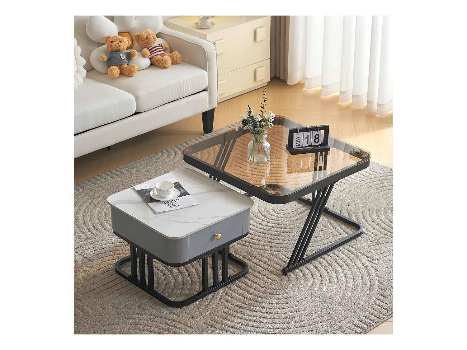 Lot de 2 table basse gigogne - cadre en noir plateau en verre et ardoise marbrée blanc avec 1 tiroir - 70x70x45.5+50x50x37.5cm
