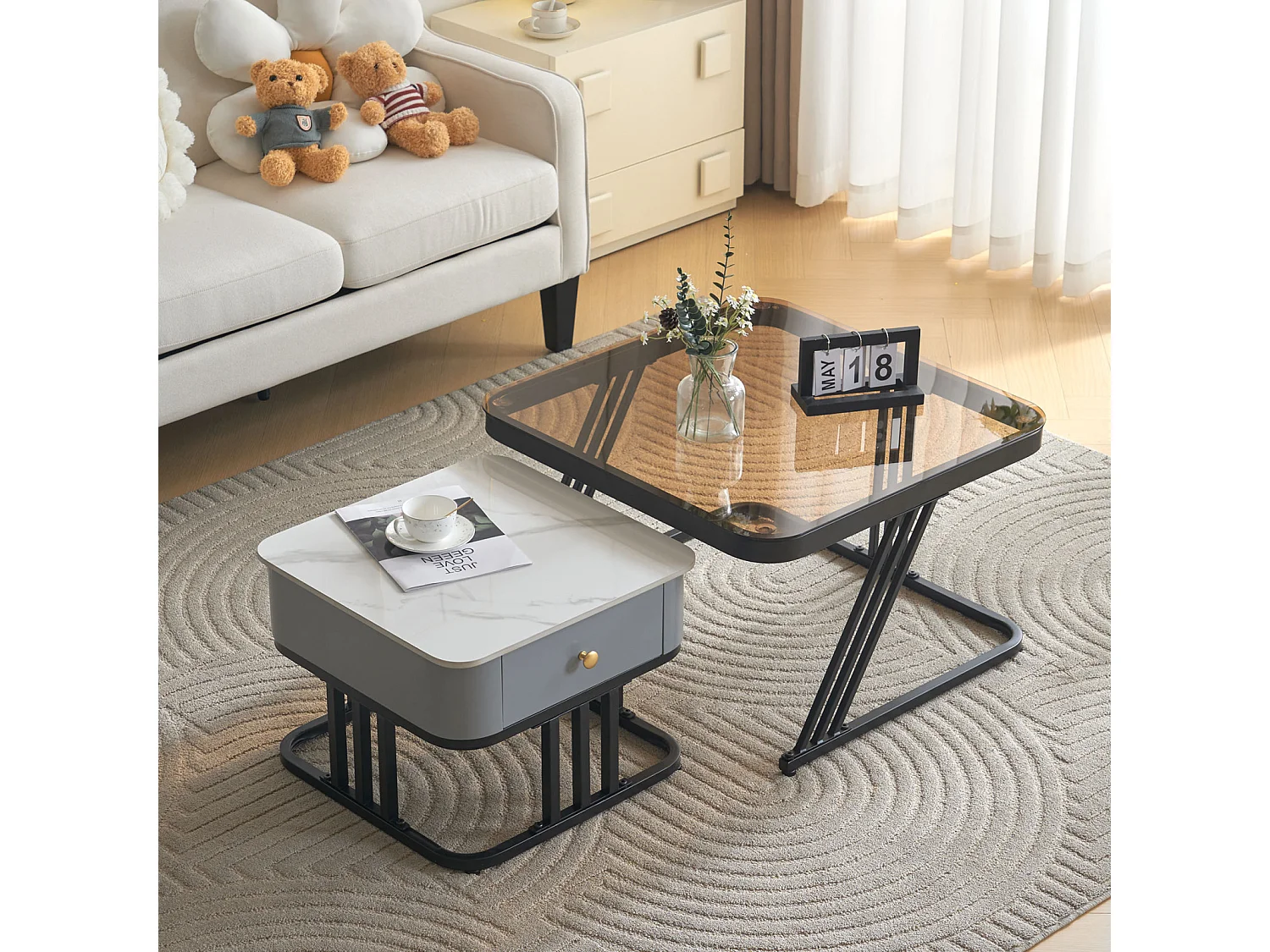 Lot de 2 table basse gigogne - cadre en noir plateau en verre et ardoise marbrée blanc avec 1 tiroir - 70x70x45.5+50x50x37.5cm