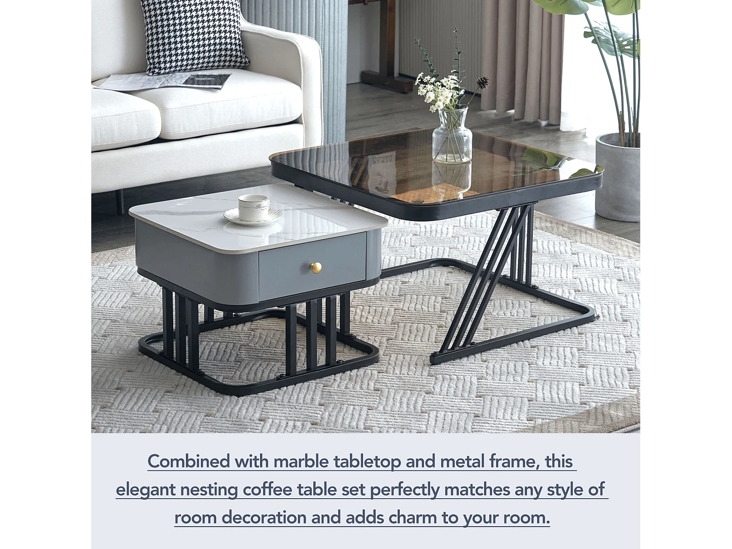 Lot de 2 table basse gigogne - cadre en noir plateau en verre et ardoise marbrée blanc avec 1 tiroir - 70x70x45.5+50x50x37.5cm