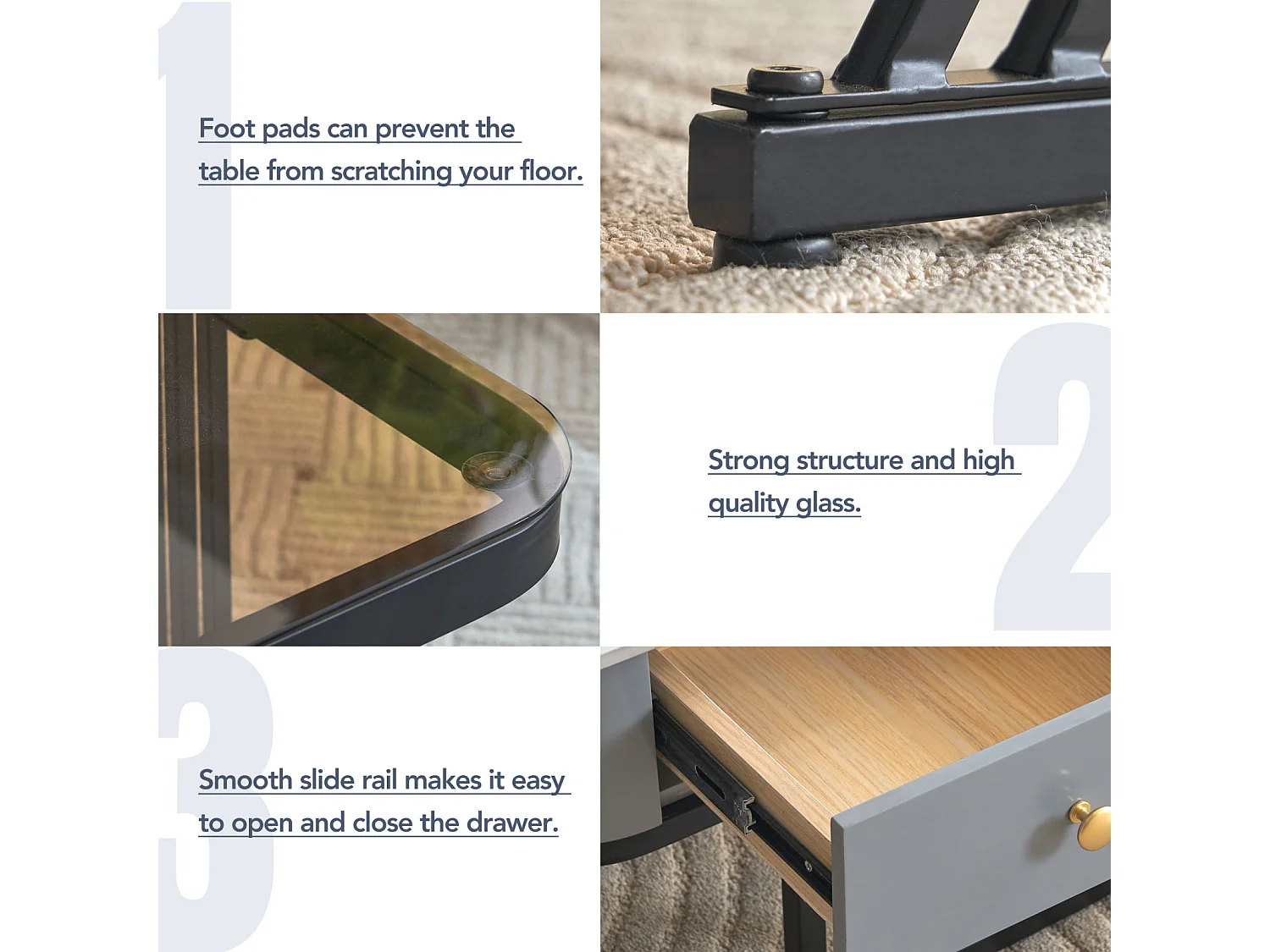 Lot de 2 table basse gigogne - cadre en noir plateau en verre et ardoise marbrée blanc avec 1 tiroir - 70x70x45.5+50x50x37.5cm