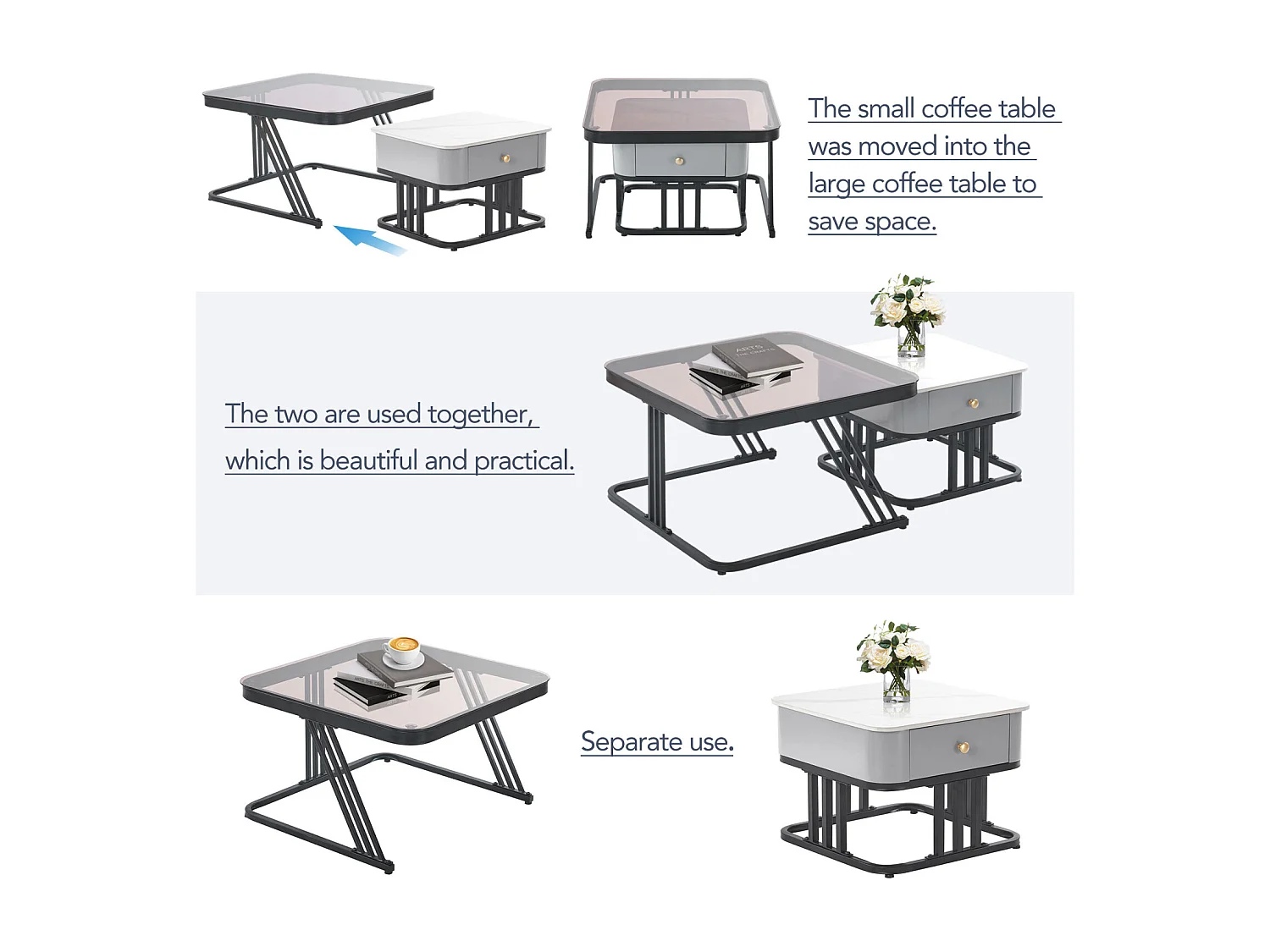 Lot de 2 table basse gigogne - cadre en noir plateau en verre et ardoise marbrée blanc avec 1 tiroir - 70x70x45.5+50x50x37.5cm