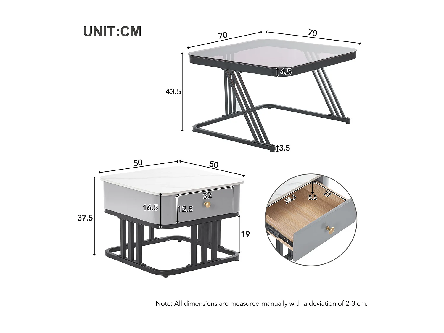 Lot de 2 table basse gigogne - cadre en noir plateau en verre et ardoise marbrée blanc avec 1 tiroir - 70x70x45.5+50x50x37.5cm