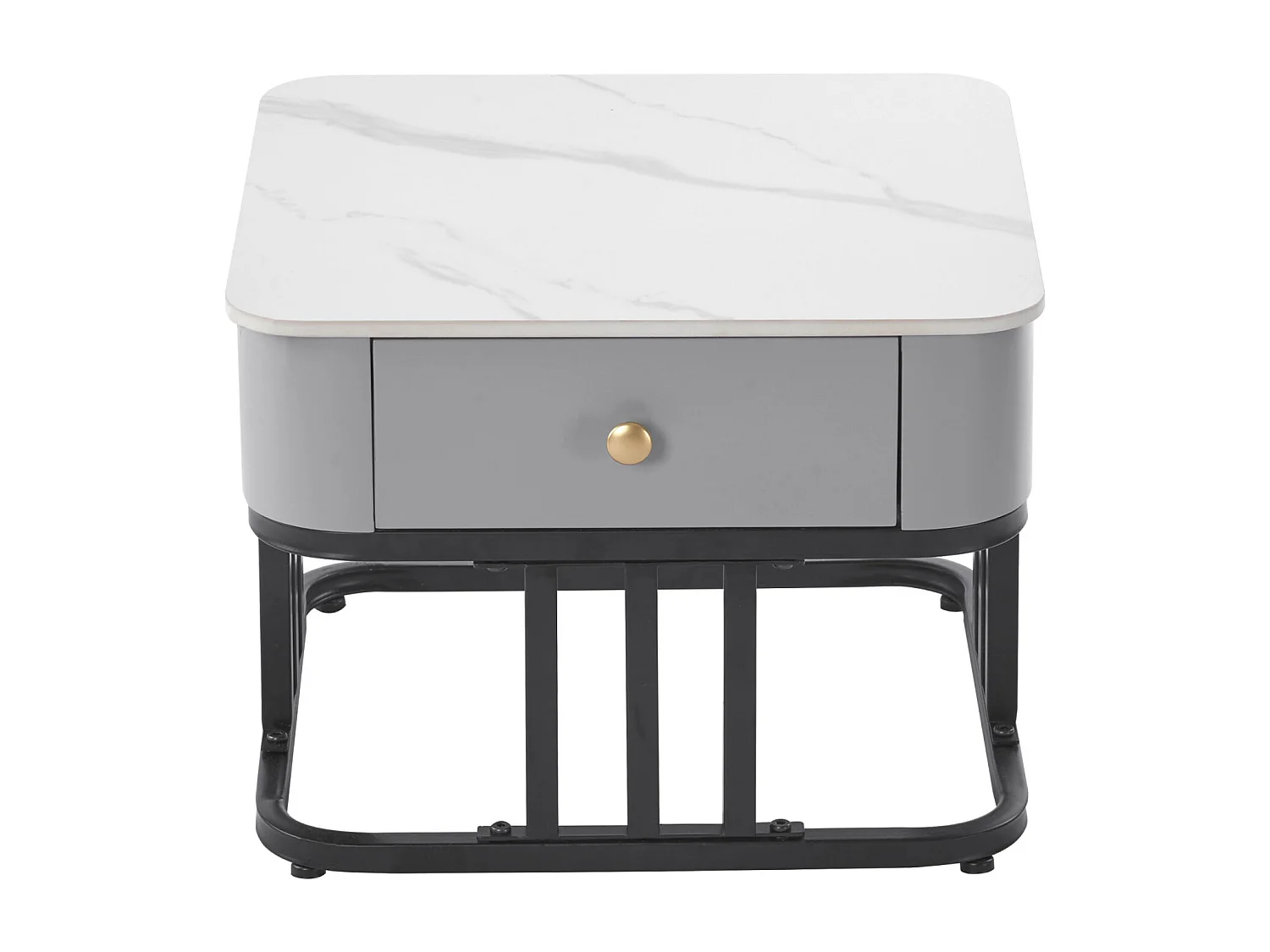 Lot de 2 table basse gigogne - cadre en noir plateau en verre et ardoise marbrée blanc avec 1 tiroir - 70x70x45.5+50x50x37.5cm