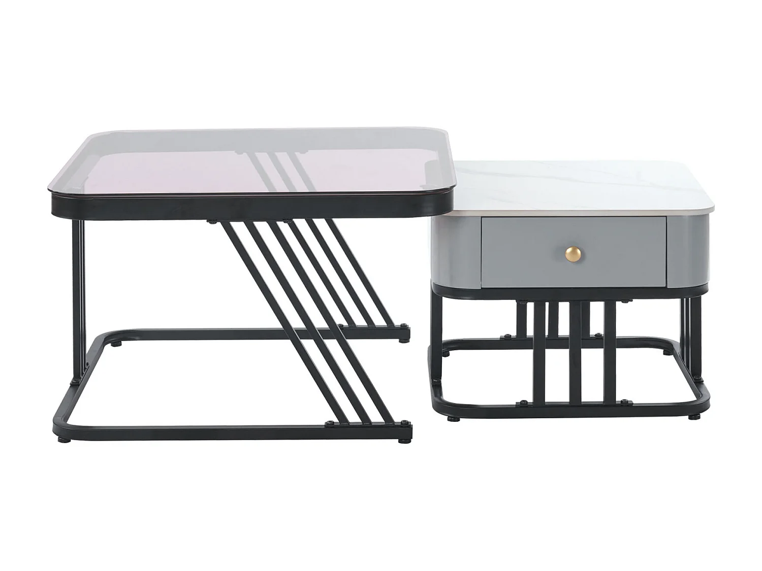 Lot de 2 table basse gigogne - cadre en noir plateau en verre et ardoise marbrée blanc avec 1 tiroir - 70x70x45.5+50x50x37.5cm