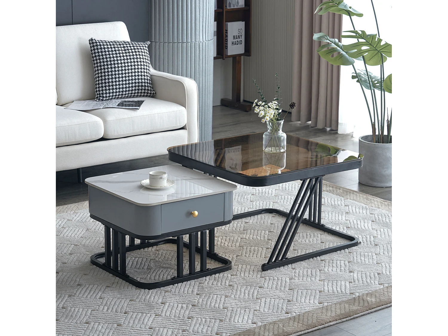 Lot de 2 table basse gigogne - cadre en noir plateau en verre et ardoise marbrée blanc avec 1 tiroir - 70x70x45.5+50x50x37.5cm