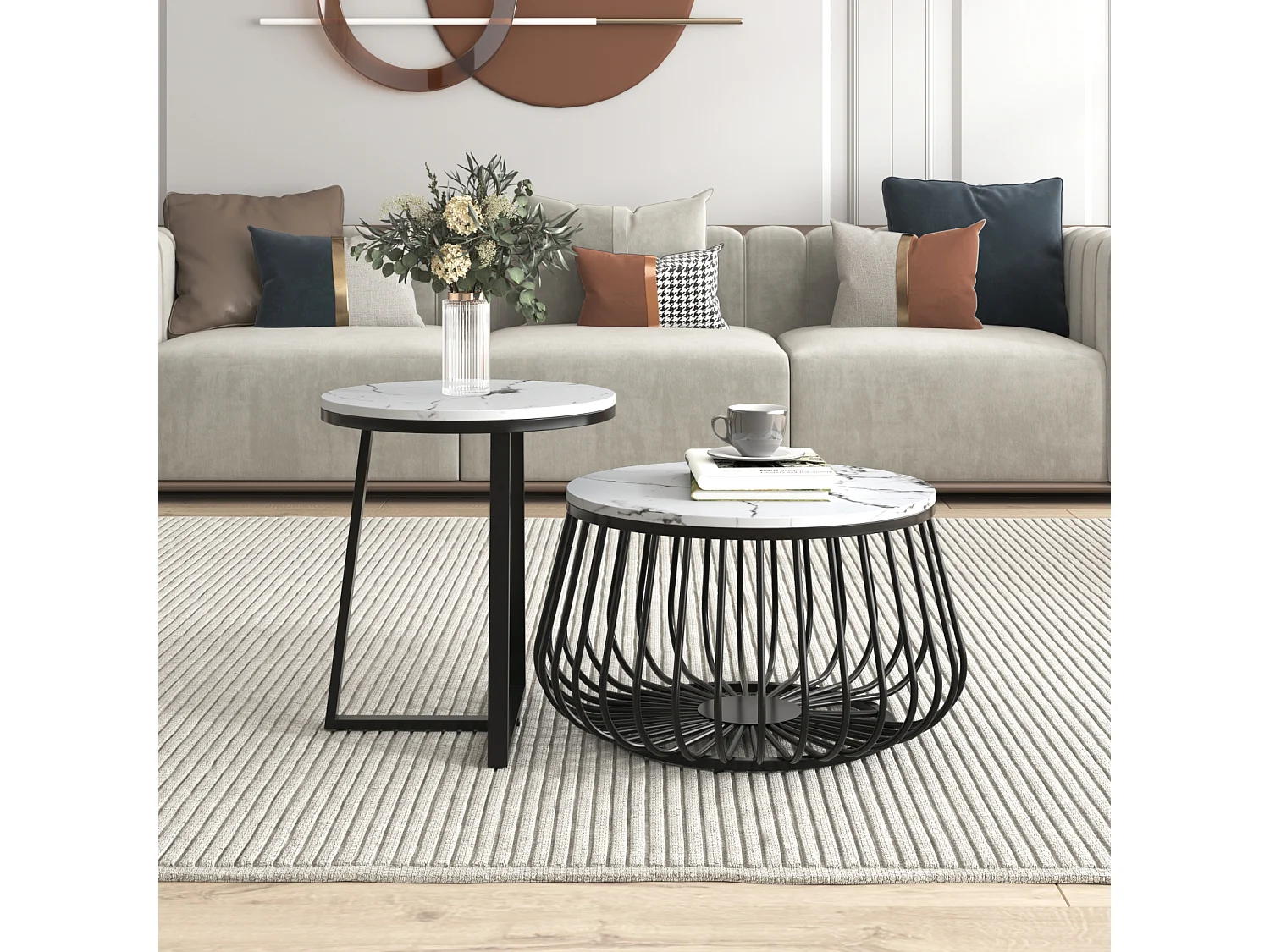 Lot de 2 table basse gigogne ronde, structure en marbre, pied en métal, 57x57x38, 5+44, 5x44, 5x52cm, noir