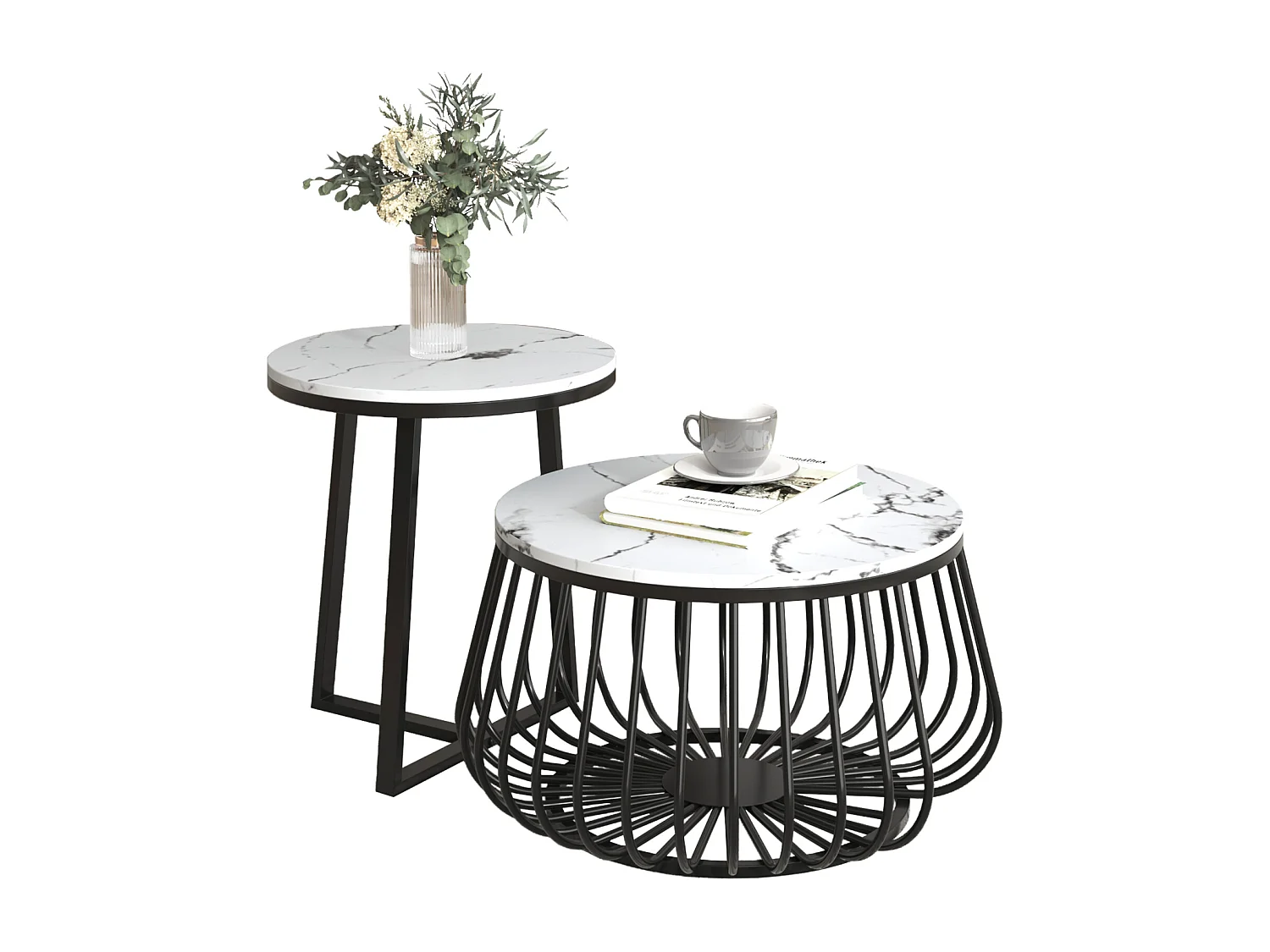 Lot de 2 table basse gigogne ronde, structure en marbre, pied en métal, 57x57x38, 5+44, 5x44, 5x52cm, noir