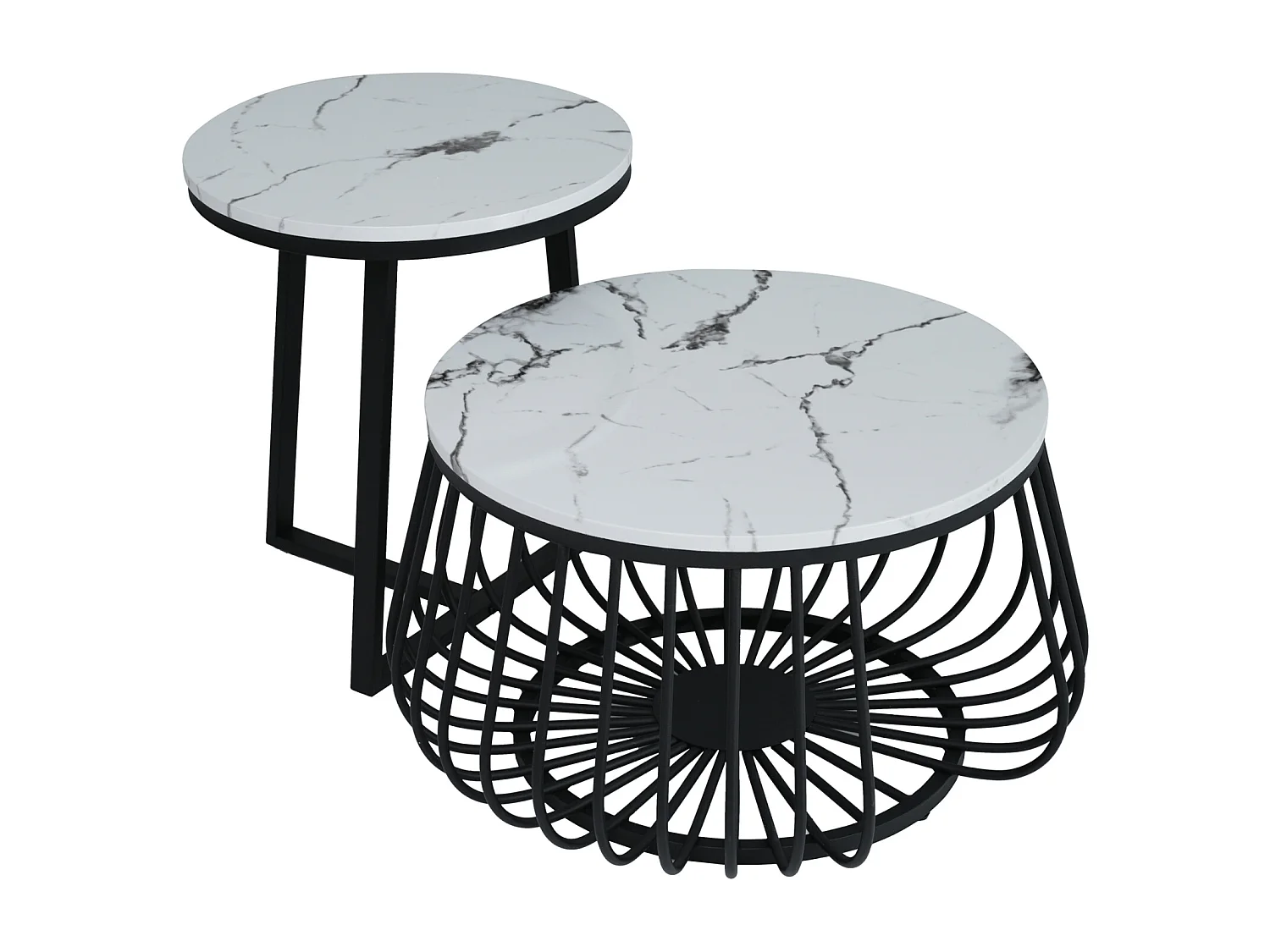 Lot de 2 table basse gigogne ronde, structure en marbre, pied en métal, 57x57x38, 5+44, 5x44, 5x52cm, noir