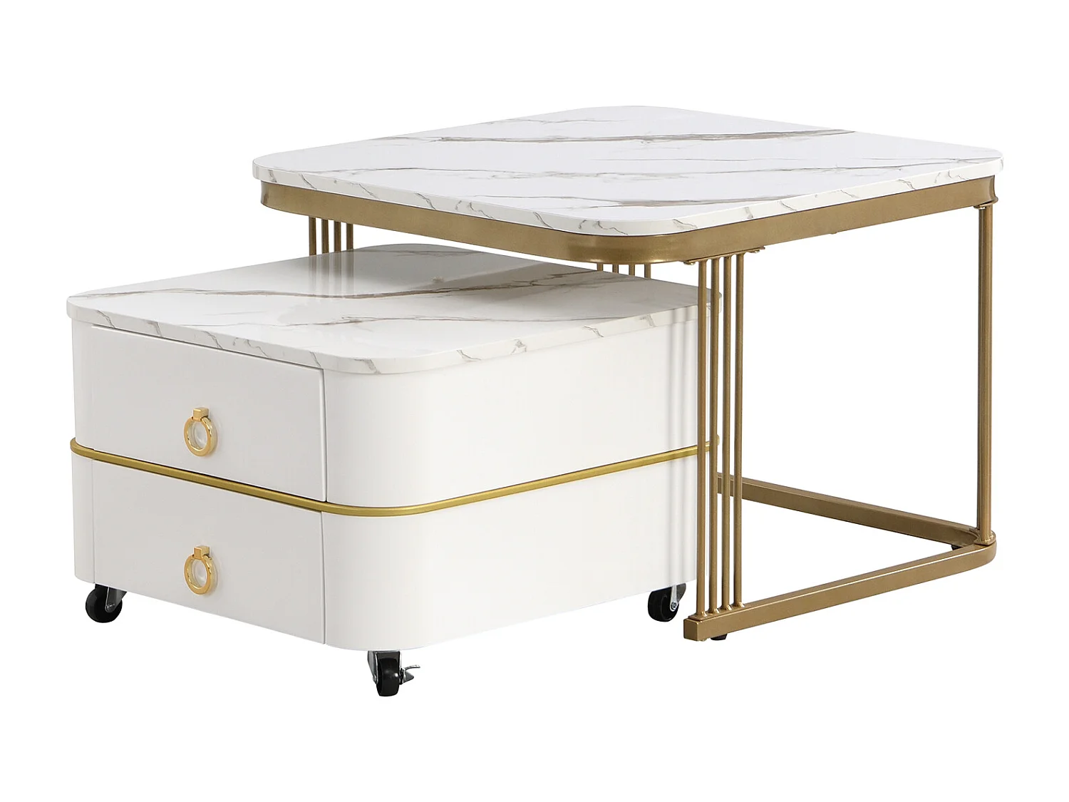Set van 2 in elkaar passende salontafels, glanzende marmerlook, gouden accenten, met 2 lades, 60x60x45cm+50x50x34cm, wit