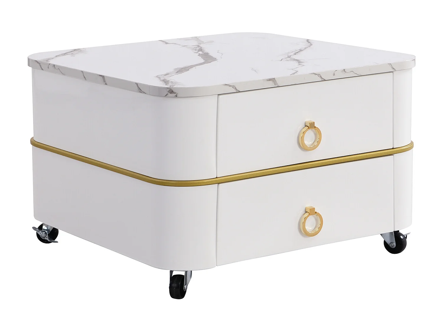 Set van 2 in elkaar passende salontafels, glanzende marmerlook, gouden accenten, met 2 lades, 60x60x45cm+50x50x34cm, wit