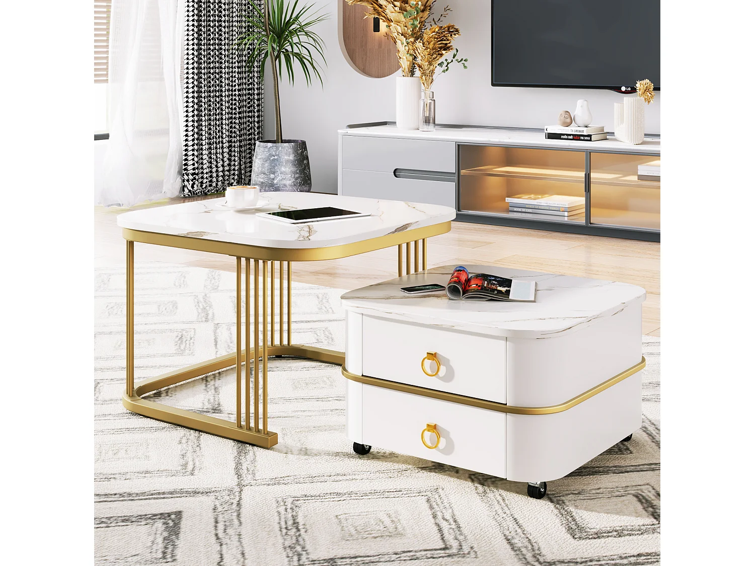 Set van 2 in elkaar passende salontafels, glanzende marmerlook, gouden accenten, met 2 lades, 60x60x45cm+50x50x34cm, wit