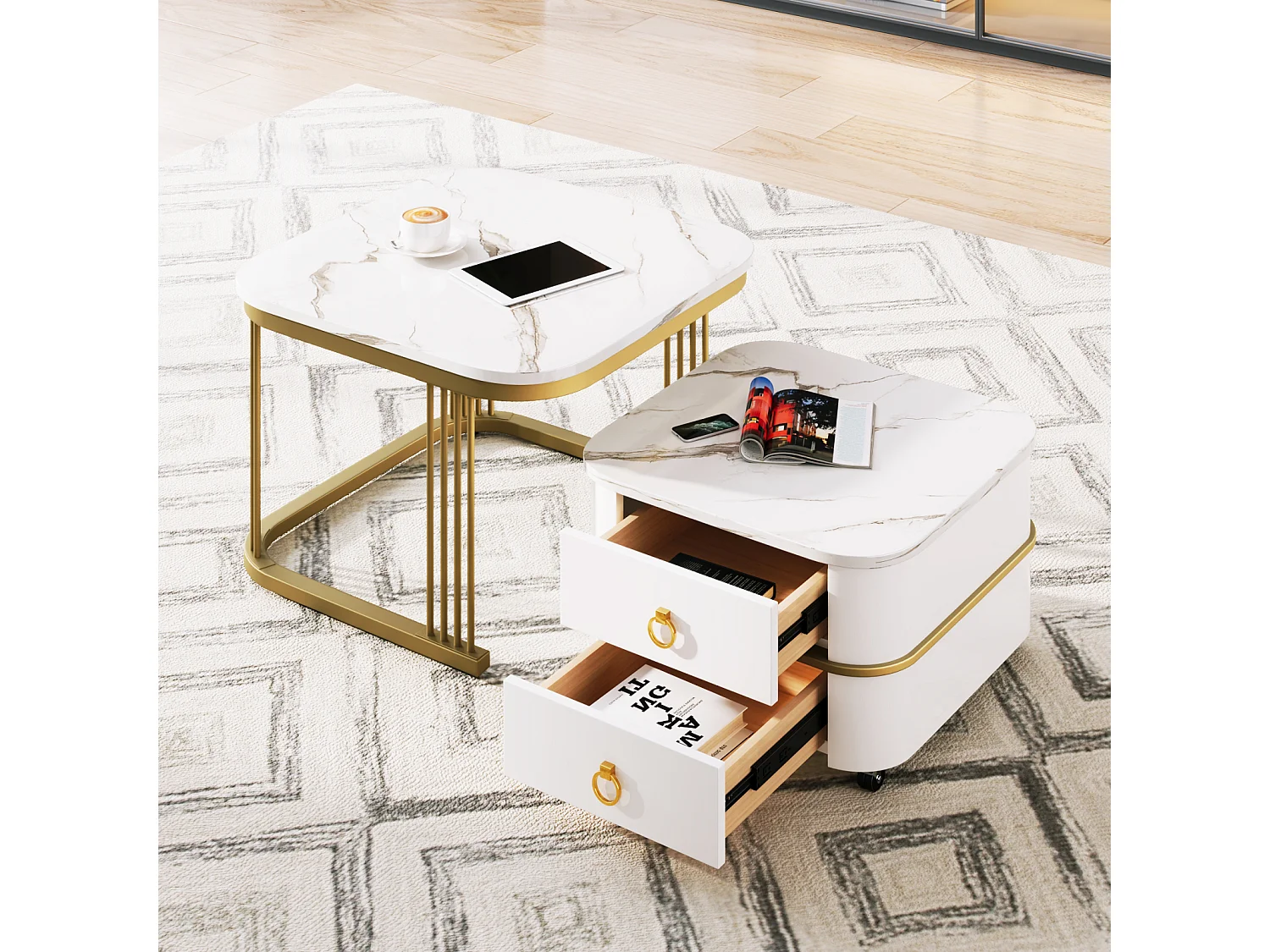 Set van 2 in elkaar passende salontafels, glanzende marmerlook, gouden accenten, met 2 lades, 60x60x45cm+50x50x34cm, wit