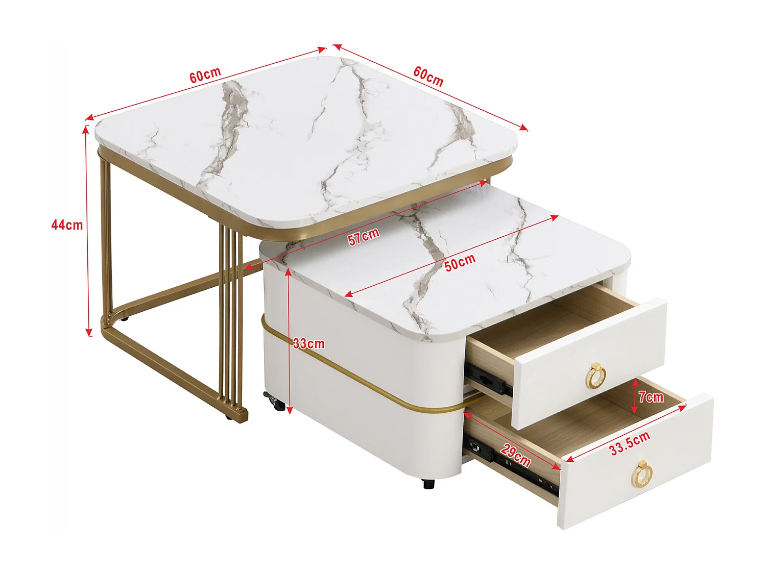 Set van 2 in elkaar passende salontafels, glanzende marmerlook, gouden accenten, met 2 lades, 60x60x45cm+50x50x34cm, wit