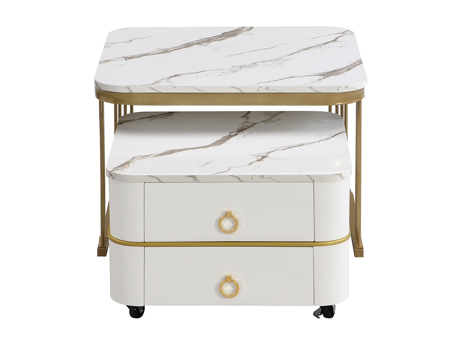 Set van 2 in elkaar passende salontafels, glanzende marmerlook, gouden accenten, met 2 lades, 60x60x45cm+50x50x34cm, wit