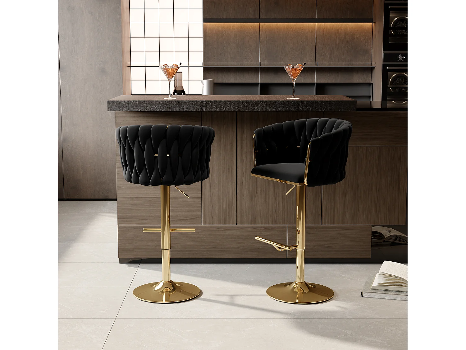 Lot de 2 Tabouret de Bar Réglable en Velours Chaise Bar Haute Tabourets de comptoir avec Pied Doré, Tabourets pour Bar/Cuisine, Noir