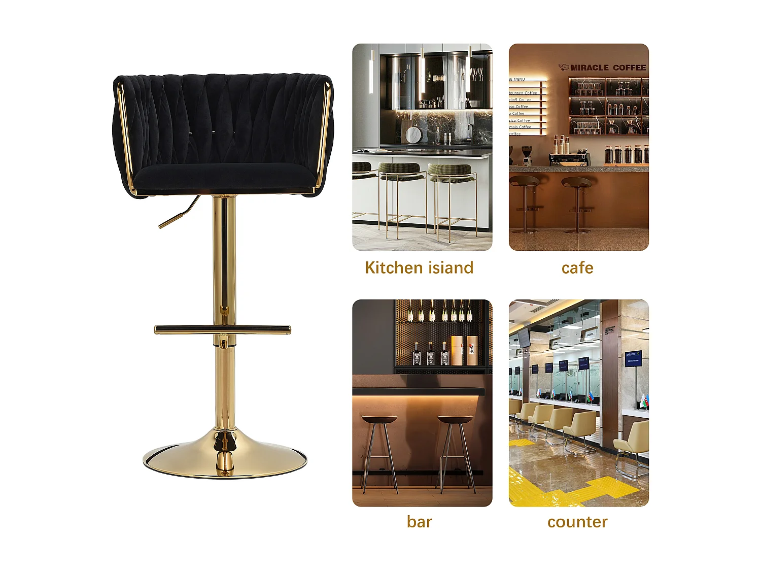 Lot de 2 Tabouret de Bar Réglable en Velours Chaise Bar Haute Tabourets de comptoir avec Pied Doré, Tabourets pour Bar/Cuisine, Noir