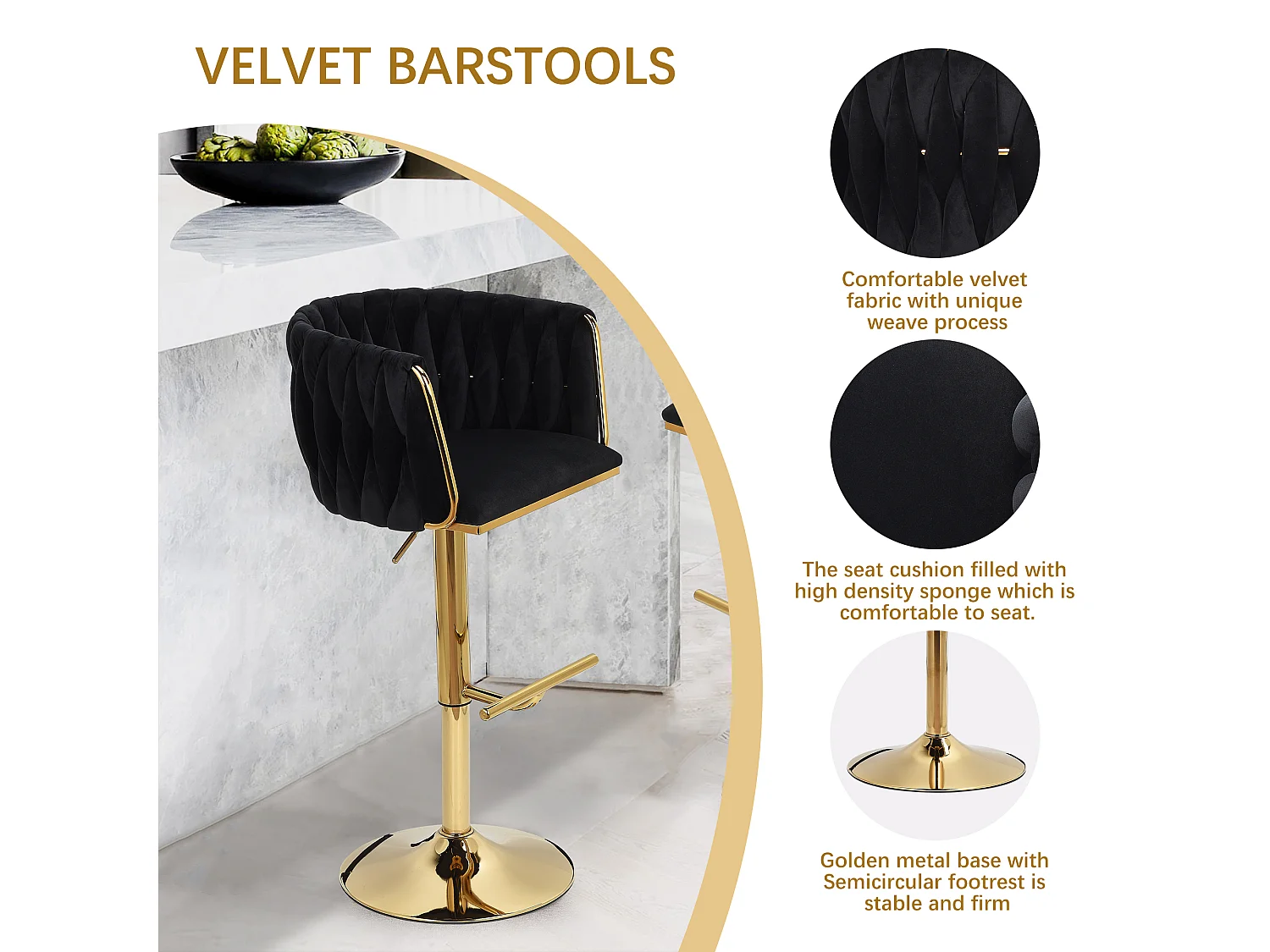 Lot de 2 Tabouret de Bar Réglable en Velours Chaise Bar Haute Tabourets de comptoir avec Pied Doré, Tabourets pour Bar/Cuisine, Noir