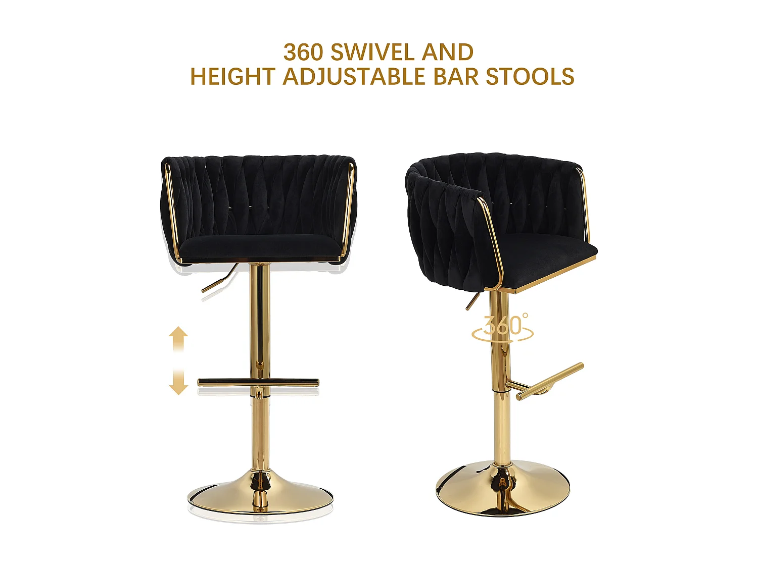 Lot de 2 Tabouret de Bar Réglable en Velours Chaise Bar Haute Tabourets de comptoir avec Pied Doré, Tabourets pour Bar/Cuisine, Noir